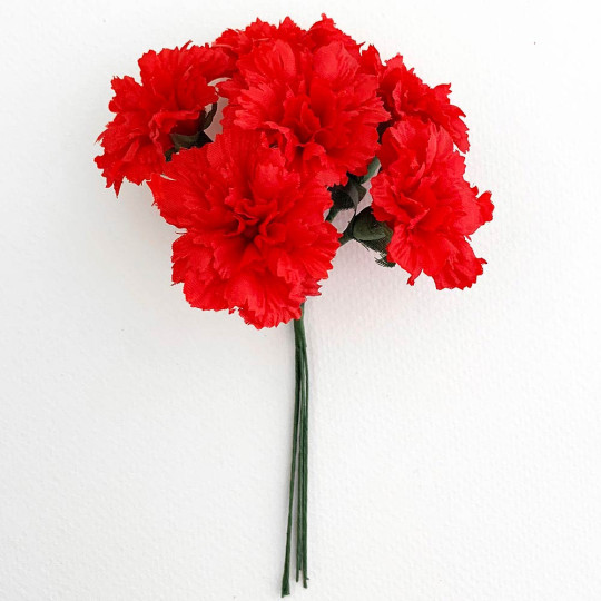 6 Red Fabric Carnation Flowers for Crafts ~ 1-3/8" across